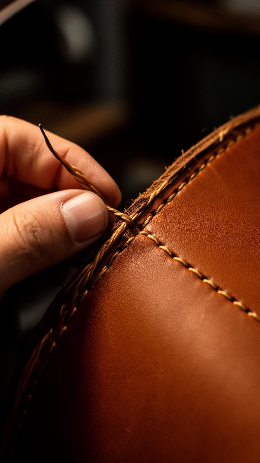 Hand-stitching cognac leather under tungsten light