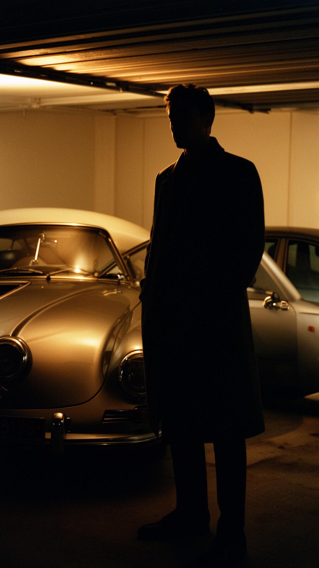 Silhouette of the founder beside a classic Porsche