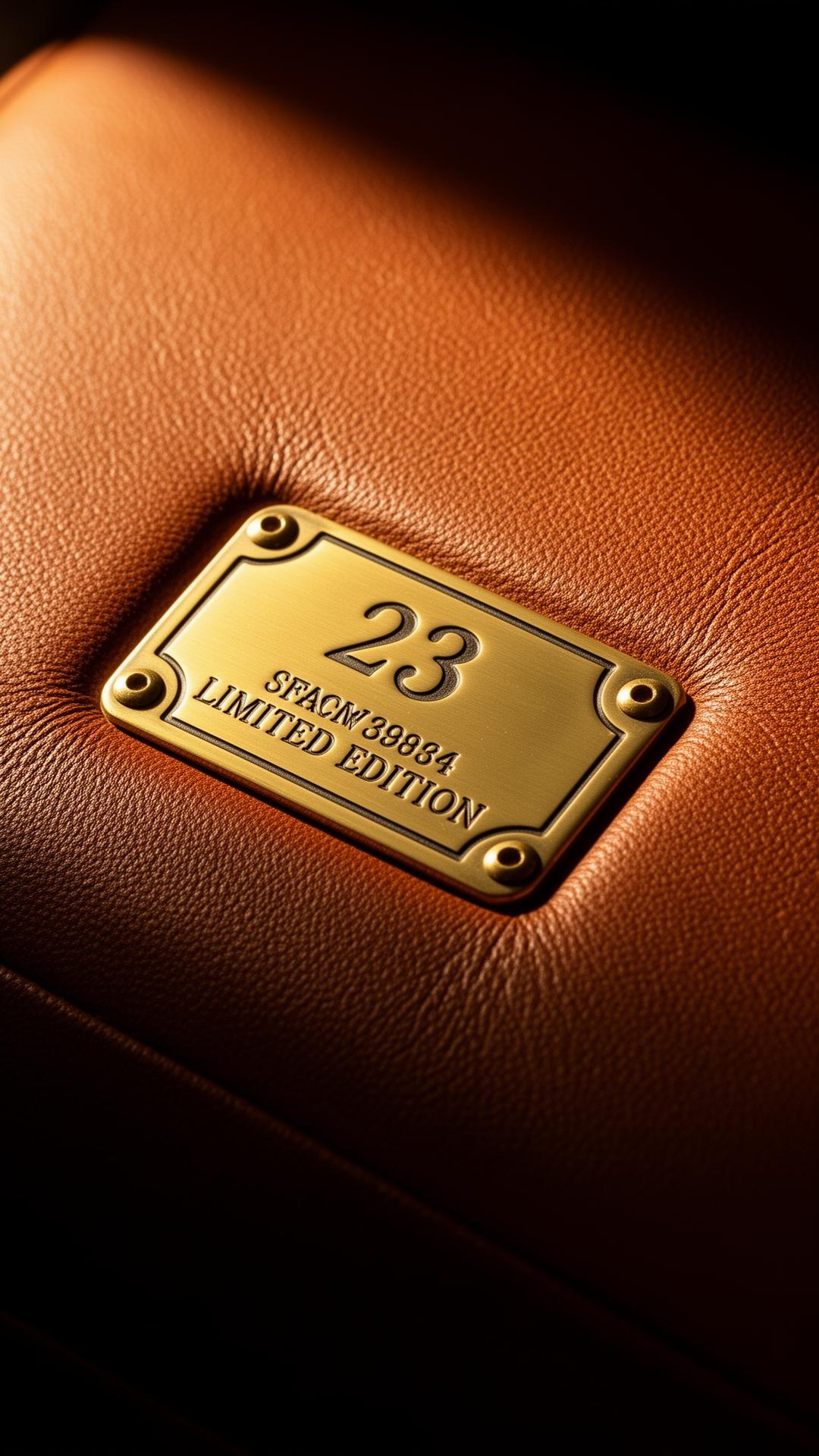 Brass plaque on cognac leather