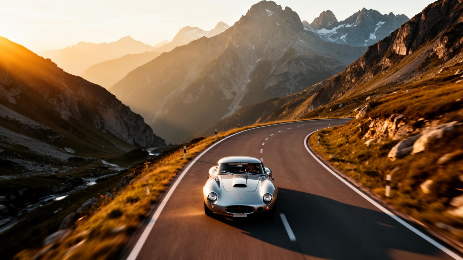 A classic car on an alpine pass at golden hour