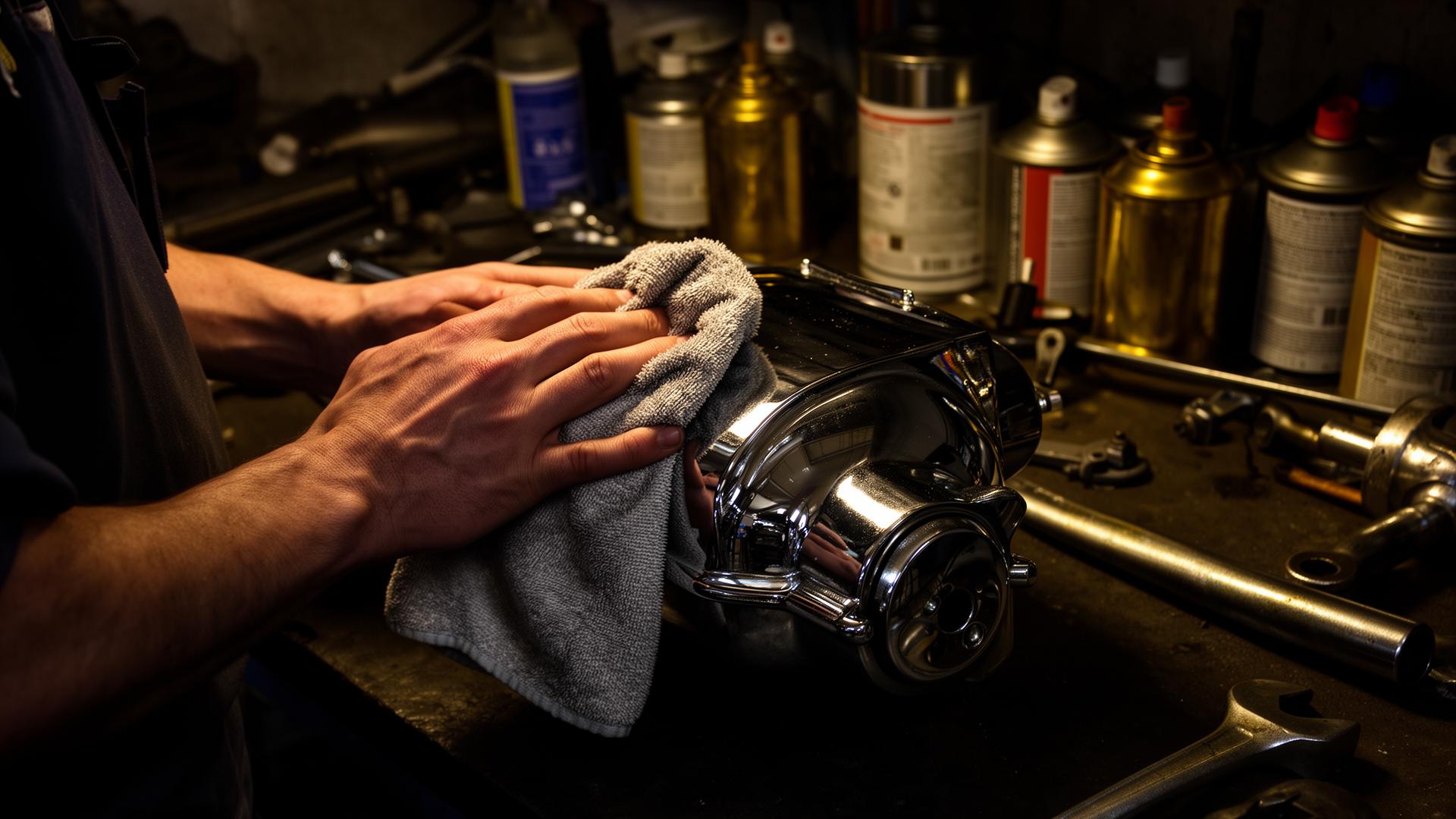 Hands polishing chrome in a workshop